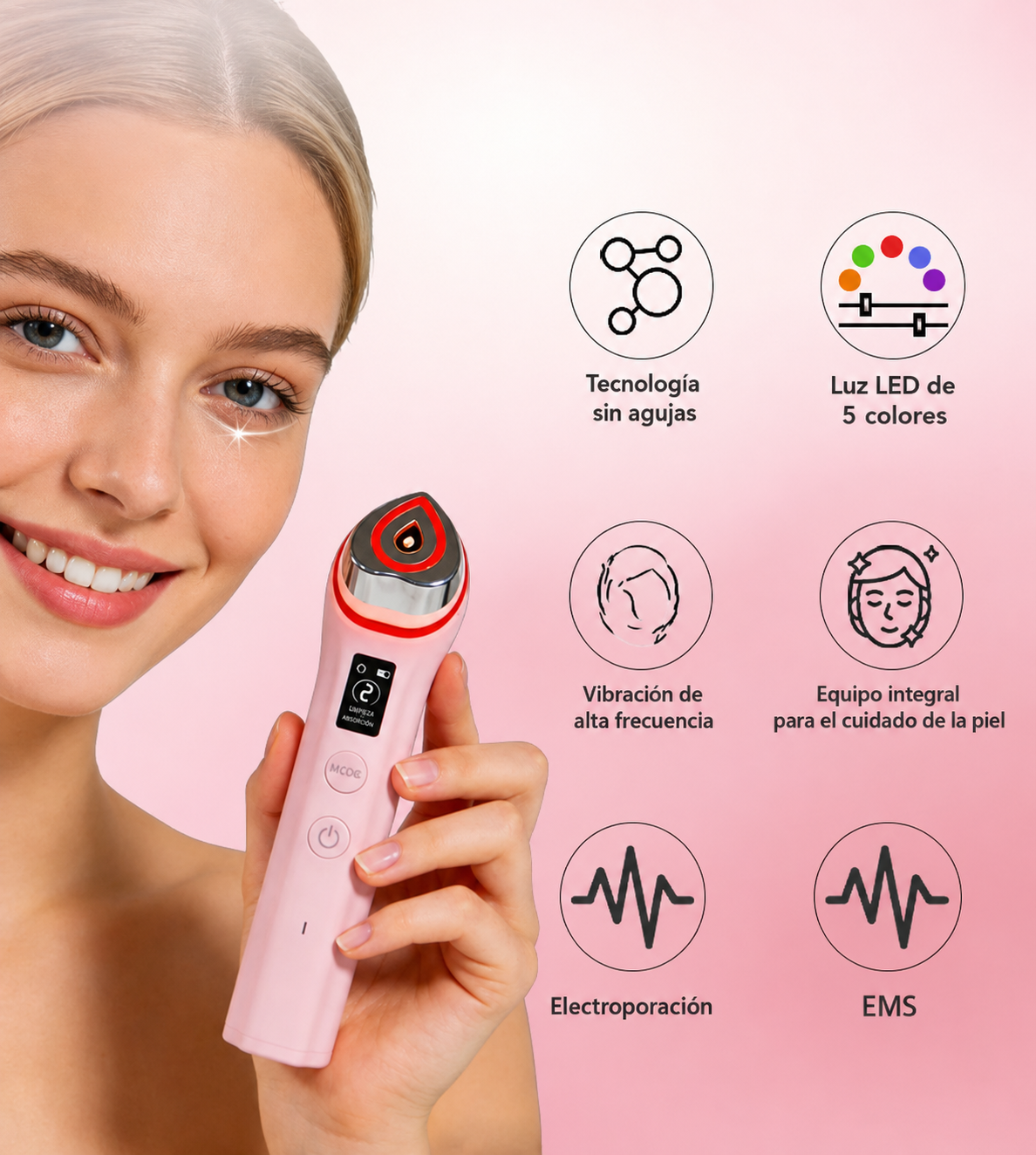 Dispositivo Facial Ultrasónico con Terapia de Luz Roja